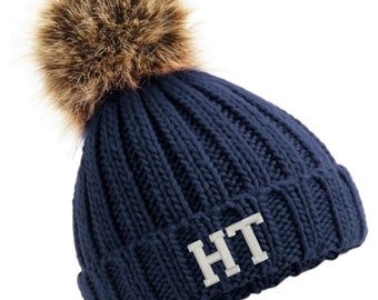 ADULT  Chunky Faux Fur Bobble Hat  Beanie  with a name or Initials embroidered to the front