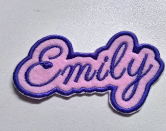 Embroidered Personalised Name Badge 100mm wide  Patch Iron on or Sew,  Script font,  16 colours of felt backing