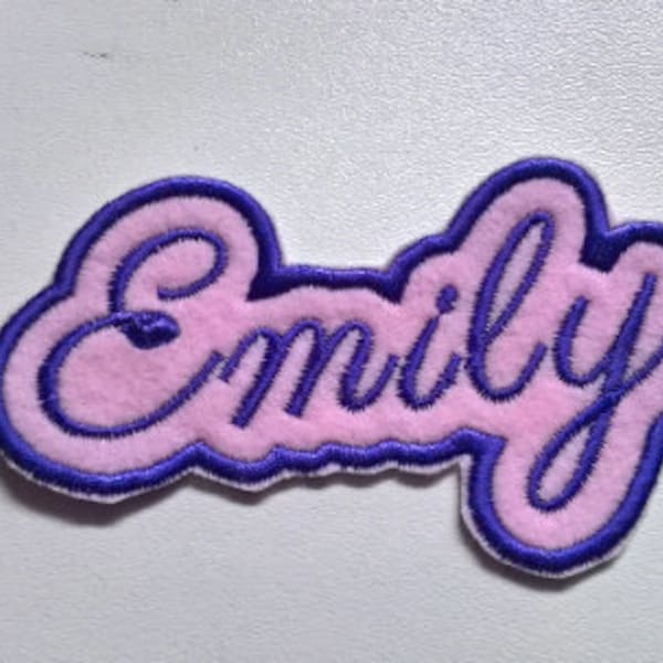 Embroidered Personalised Name Badge 100mm wide  Patch Iron on or Sew,  Script font,  16 colours of felt backing