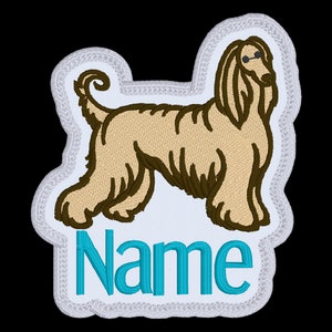 May include: Embroidered patch featuring a brown and tan Afghan Hound with the word "Name" in turquoise blue lettering.