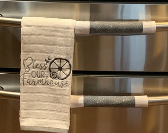 Embroidered dish towel with 4 kitchen handle wraps