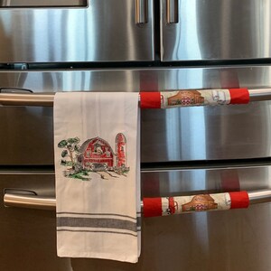 Refrigerator handle wraps with embroidered dish towel