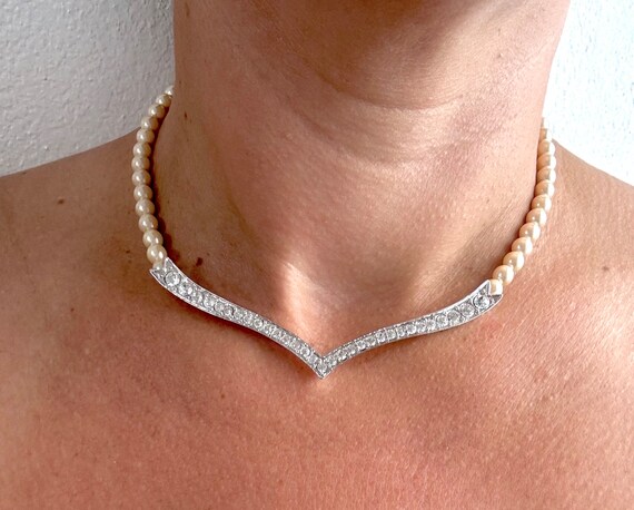 Vintage Oscar De La Renta Pearl and Crystal Choker Necklace With