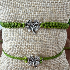 Silver Shamrock Bracelet: Green Waxed Cord, Adjustable Lucky Charm