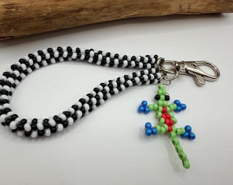 Checkered beaded keychain with beaded lizard- bag charm