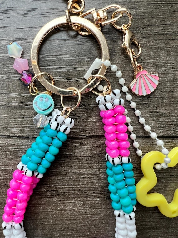 Handmade Beaded Rope Keychain: Boho Bag Charm With Fish & Shell - Etsy