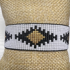 Sunburst Loom Beaded Bracelet: Black, White & Gold Southwestern Cuff