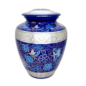 Akanksha Arts Crematie urn, mooie blauwe kleur, handgeschilderde bloemgrootte 26 cm hoog, met fluwelen zakje, GRATIS expresverzending in de VS.
