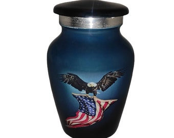 Akanksha Arts Classic Mini Cremation Keepsake Urn – with Velvet Box - 2.8 inch - US Flag Keepsake - Patriotic Flag Eagle Design