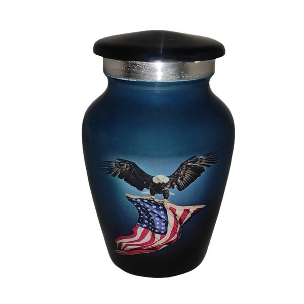 Akanksha Arts Classic Mini Cremation Keepsake Urn – with Velvet Box - 2.8 inch - US Flag Keepsake - Patriotic Flag Eagle Design