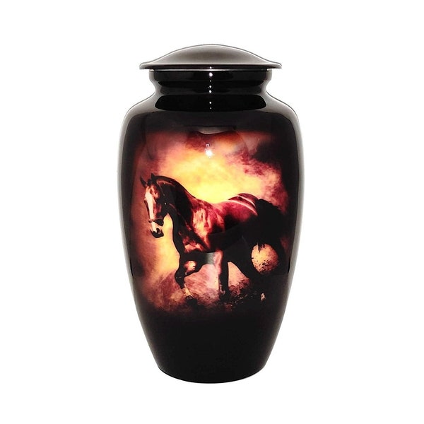 Cremation urn Memorial Container - With Lovely Horse Art Work. Large Size 26 cms high,