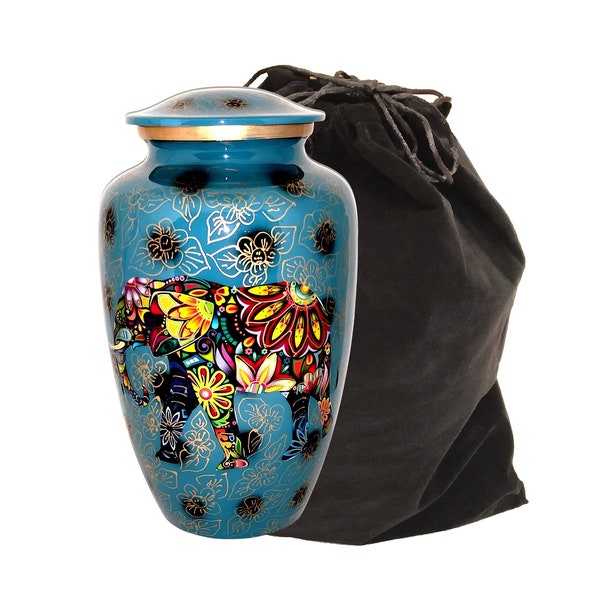 Akanksha Art Urns - Indian Tribal Elephant Design - Large Size 26 cms high, with velvet bag