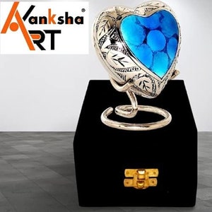 AKANKSHA ARTS Classic Heart Shape Keepsake Urn for Human Ashes – with Box and Stand - Lovely Blue - 7 cms high