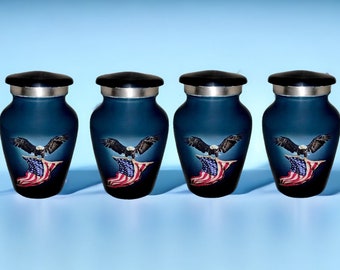 Akanksha Arts Classic Small Mini Cremation Keepsake Urns for Human Ashes – Set of 4 - with Box and Velvet Box - Lovely Eagle US Flag Design