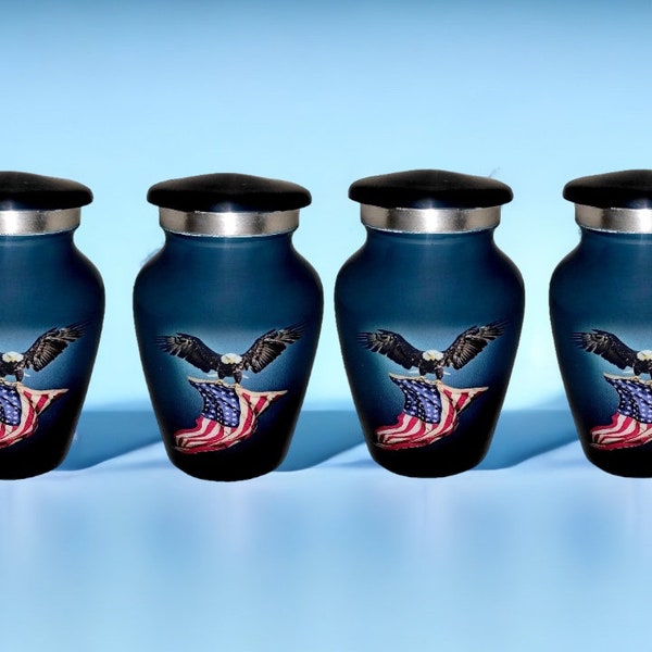 Akanksha Arts Classic Small Mini Cremation Keepsake Urns for Human Ashes – Set of 4 - with Box and Velvet Box - Lovely Eagle US Flag Design