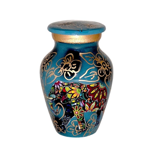 Akanksha Arts Classic Small Mini Cremation Keepsake Urn for Human Ashes – with Box and Velvet Box - Traditional Elephant Design