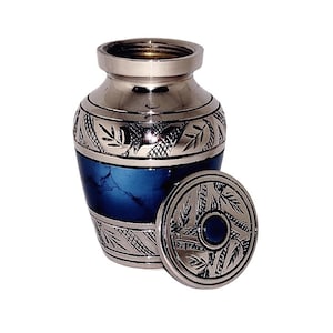 AKANKSHA ARTS Classic Small Mini Cremation Keepsake Urn for Human Ashes – with Box - 2.6 inch - Blue Fire Design - Made of Brass