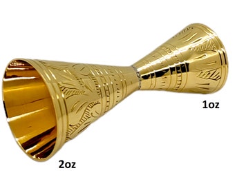 Akanksha Arts EPNS, Brass Engraved SHOT GLASS, 1 oz/ 2 oz, Golden, Double Jigger, Barware, Lovely Conical Shape