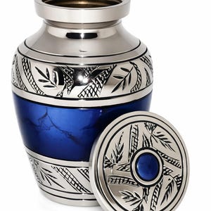 AKANKSHA ARTS Classic Small Mini Cremation Keepsake Urn for Human Ashes – with Box - 2.6 inch - Blue Fire Design - Made of Brass