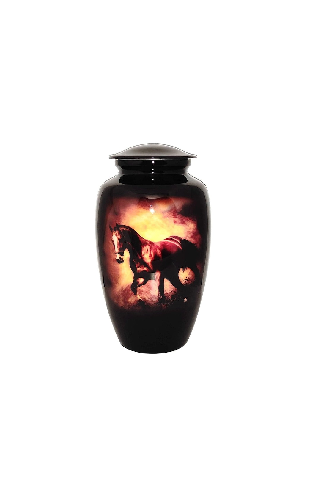 Urna funeraria commemorativa - Con splendida opera d'arte raffigurante un cavallo. Dimensioni grandi, altezza 26 cm. - Italia
