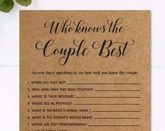 Può includere: Un biglietto di gioco in carta kraft con la scritta "Who knows the Couple Best" in elegante corsivo. Il biglietto presenta domande a risposta aperta sulla coppia, perfetto per un matrimonio o un addio al nubilato.