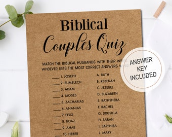Può includere: Un biglietto di gioco del quiz Coppie bibliche di colore marrone con testo nero. Il quiz chiede di abbinare i mariti biblici alle loro mogli. È inclusa una chiave di risposta. Il biglietto è circondato da verde e accenti bianchi.