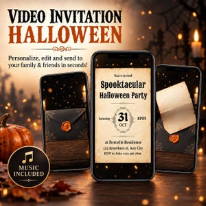 May include: Three smartphones displaying a digital Halloween video invitation. The screens show a parchment-style invite with text reading Spooktacular Halloween Party, Saturday 31 Oct 8PM, at Borcelle Residence, 123 Anywhere st, Any City, RSVP to Julia +123 456 7890.