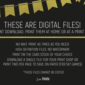 Pu&ograve; includere: Sfondo nero con banner glitterato dorato e testo: "THESE ARE DIGITAL FILES!" e "DOWNLOAD IMMEDIATO. STAMPALI A CASA O IN UN NEGOZIO DI STAMPA." Ulteriori dettagli di testo sulle opzioni di stampa. Logo "Love Fiesta".