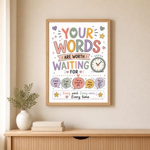 Può includere: Una stampa da parete incorniciata con il testo YOUR WORDS ARE WORTH WAITING FOR, un'illustrazione di un orologio e fumetti contenenti frasi come I hear you, I see you, I'm so proud of you, Keep going e You've got this.