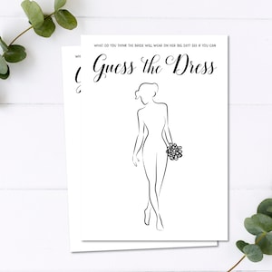 Pu&ograve; includere: Due fogli di carta bianchi con la scritta "Indovina l'abito" e un disegno a tratto di una sposa che tiene un bouquet. Il testo "Cosa pensi che la sposa indosser&agrave; nel suo grande giorno? Guarda se puoi" &egrave; sopra.