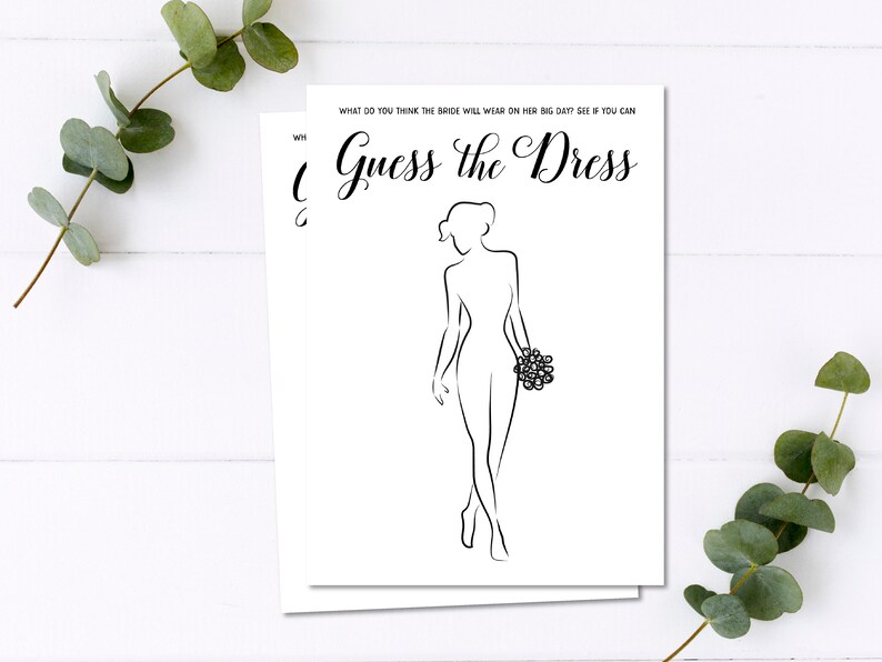 Pu&ograve; includere: Due fogli di carta bianchi con la scritta "Indovina l'abito" e un disegno a tratto di una sposa che tiene un bouquet. Il testo "Cosa pensi che la sposa indosser&agrave; nel suo grande giorno? Guarda se puoi" &egrave; sopra.