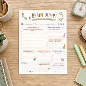 May include: A white paper brain dump planner sheet featuring colorful headings and sections for notes, tasks, and thoughts. The text includes Brain Dump, What's On My Mind, Things I Need To Remember, Things I Need To Do, Ideas & Thoughts, Worries & Overthinking, If I Have Time/Energy, Notes, What Can Wait, and Next Small Step.