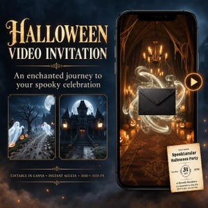 May include: A digital Halloween video invitation template displayed on a smartphone screen. The design features a dark, gothic mansion interior with a chandelier, a black envelope, and a paper invitation card with text details for a party.