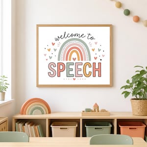 Può includere: Una stampa artistica rettangolare da parete in una cornice di legno chiaro con il testo welcome to SPEECH in lettere nere e colorate. Un grafico centrale a forma di arcobaleno in toni tenui è circondato da piccoli cuori e punti sparsi su sfondo bianco.