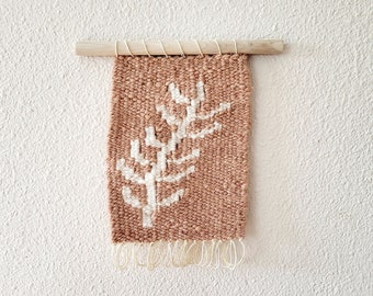 Botanical Leaf Branch Pink and White Hand Spun Hand Woven Wall Hanging