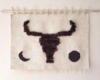 Cow Skull and Moons Hand Spun Large Weaving