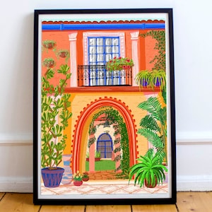 Mexican Hacienda art print | Mexican wall art | Mexico traditional courtyard | A4 | A3 print | Illustration