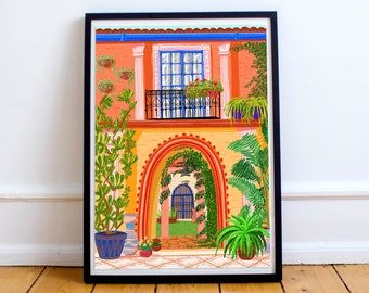 Mexican Hacienda art print | Mexican wall art | Mexico traditional courtyard | A4 | A3 print | Illustration