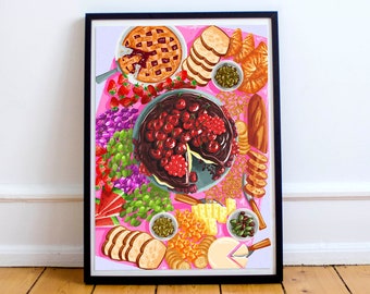 Feast food print | Food illustration wall art | Dining room decor | Food lover | Kitchen art print | Pink food prints | A4 | A3