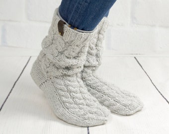 Knit slipper woman cable wool sock, Handmade knitted warm home house sock, Slouch cozy sock, Winter boot sock, Inspirational woman gift