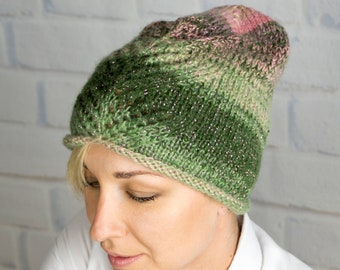 Knit winter green/pink hat, Wool warm slouchy beanie, Hand knitted women's hat, Adult hat, Knit accessories, Women's inspiration gift