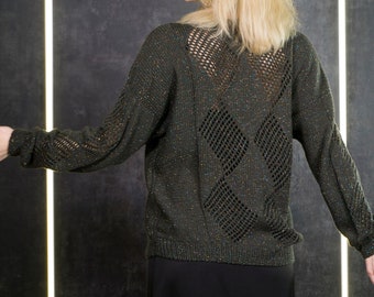 Elegant Merino Wool Sweater with Lurex Thread, Stylish Black-Greenish Casual Pullover for Women's Everyday Fashion, Mesh pattern Jumper