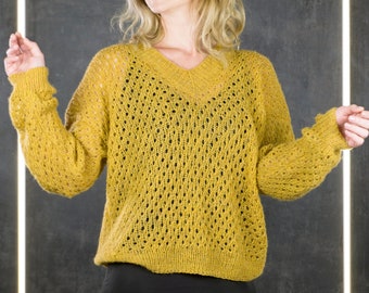 Amber Dream Hand Knitted Jumper: Exquisite Open Knit Sweater for Effortless Style and Warmth