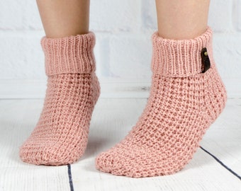 Knit slipper woman wool ankle sock, Handmade knitted warm home house sock, Hand knit cozy sock, Winter boot sock, Inspirational woman gift