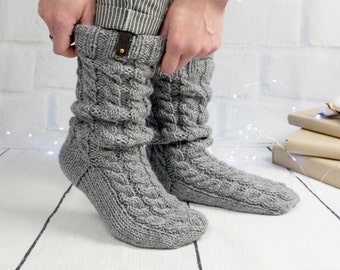 Knit slipper woman cable wool sock, Handmade knitted warm home house sock, Slouch cozy sock, Winter boot sock, Inspirational woman gift