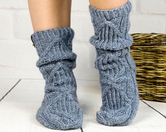 Knit slipper slouch wool socks, Cute cozy bed sock, Handmade knitted warm home house sock, Winter boot sock, Inspirational woman gift