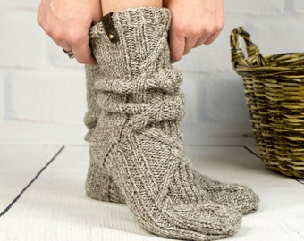 Knit slipper slouch wool socks, Cute cozy bed sock, Handmade knitted warm home house sock, Winter boot sock, Inspirational woman gift