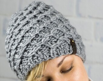 Knit winter chunky grey hat, Wool warm beanie, Hand knitted women's hat, Adult cable hat, Knit accessories, Women's inspiration gift