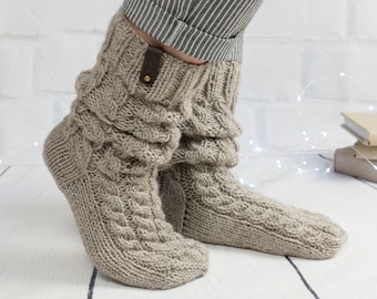 Knit slipper woman cable wool sock, Handmade knitted warm home house sock, Slouch cozy sock, Winter boot sock, Inspirational woman gift