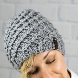 Knit winter chunky denim hat, Wool warm beanie, Hand knitted women's hat, Adult cable hat, Knit accessories, Women's inspiration gift Gray